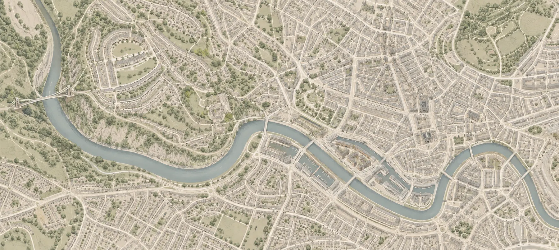 Illustrated map of Bristol connecting Clifton and Park Street
